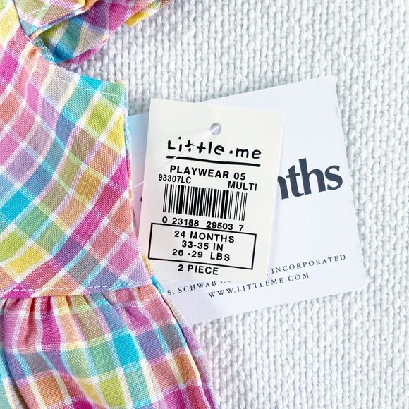 Little Me NWT Baby Girls 2-Piece Pink, Blue & Yellow Plaid Dress Set w/ Bloomers - Picture 6 of 12